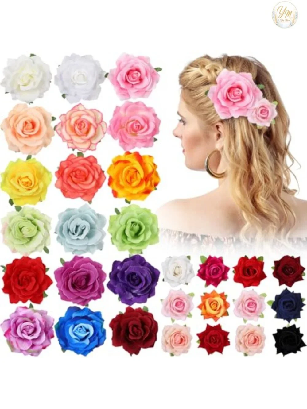 30 Pcs Fabric Rose Flower Hair Clips with Brooch Pins for Wedding Bridal
